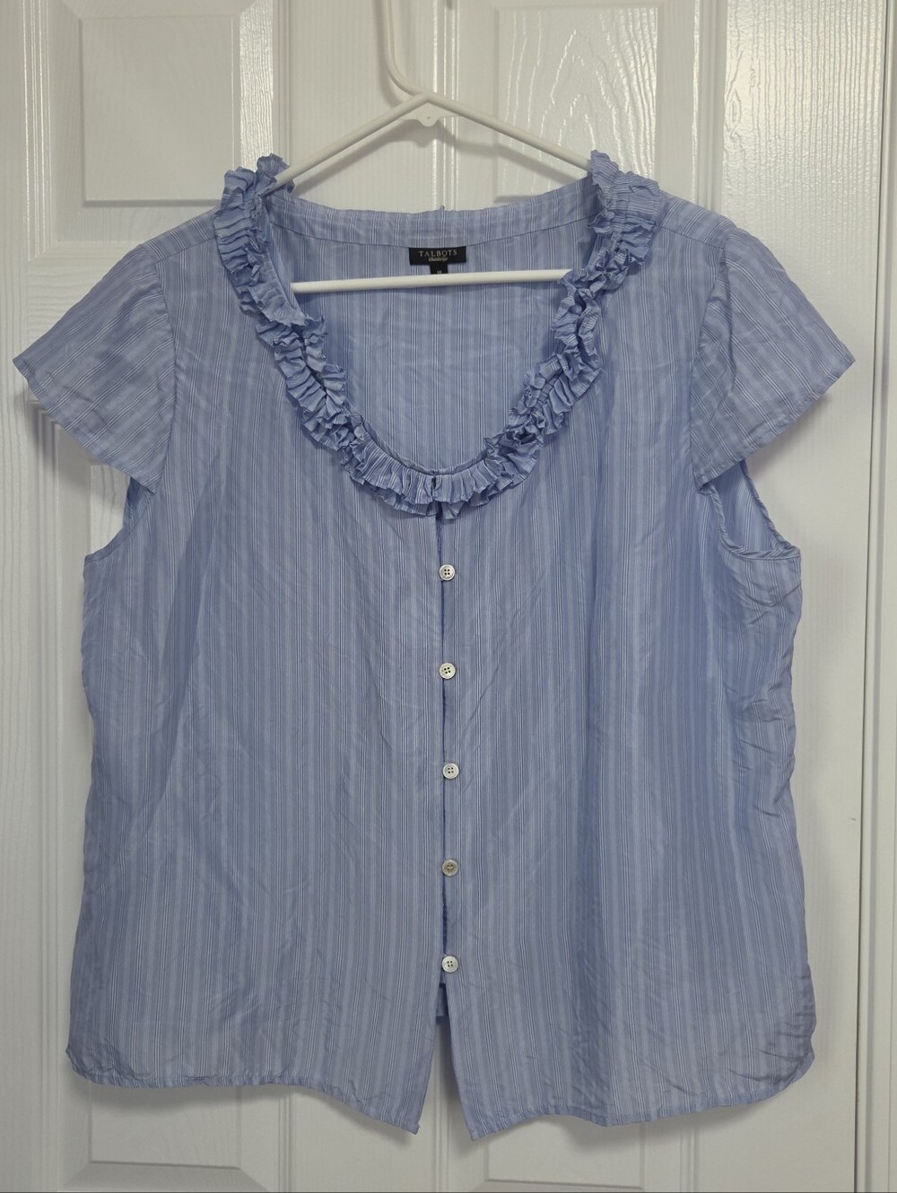 Talbots Ruffle Neck Button Front Semi Sheer Romantic Silk Striped Blouse Size 18
